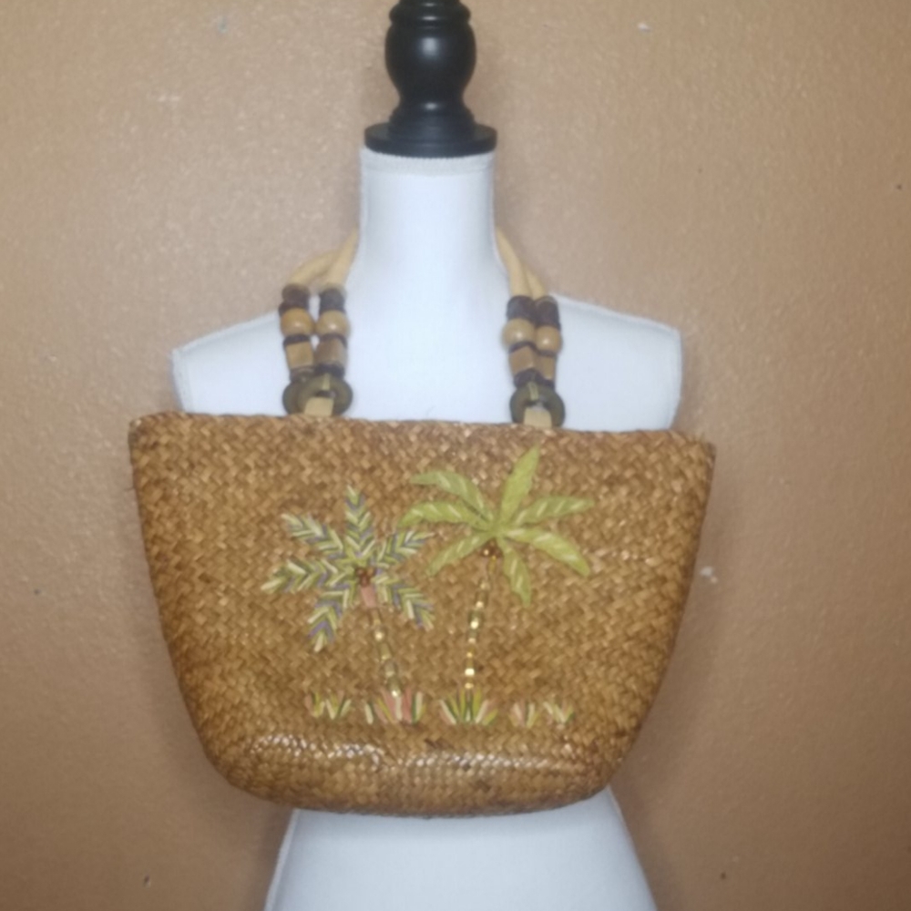 Cappelli Bucket Straw Purse Beads Palm Trees Beach